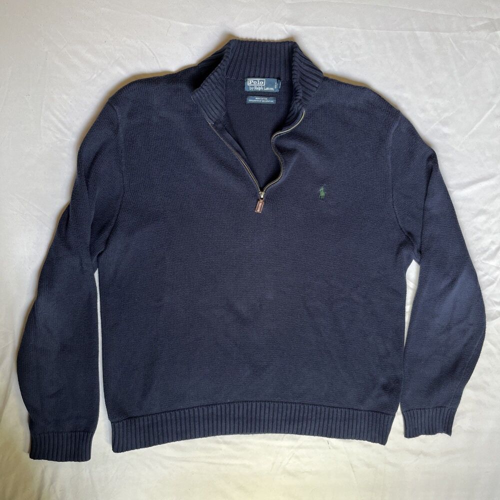 Polo Ralph Lauren Sweater Mens XL Blue Navy Quarter Zip Knit 100% Cotton